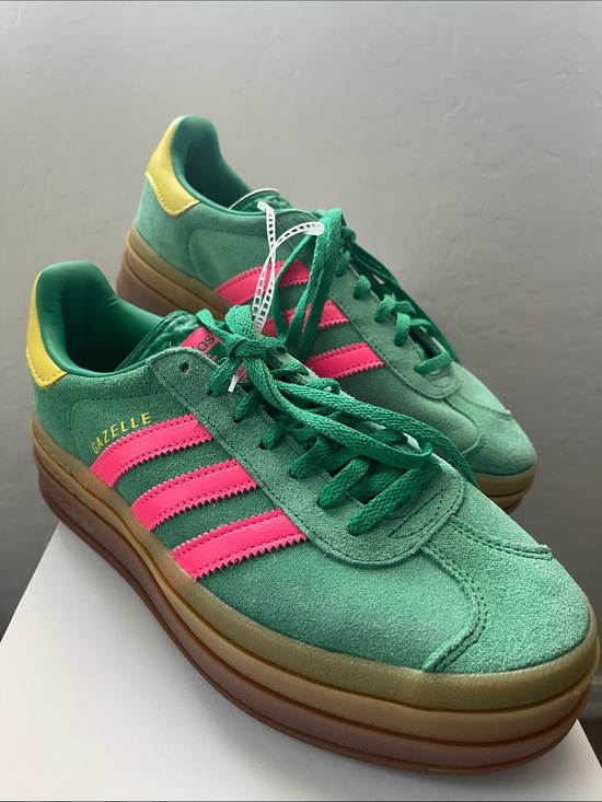 adidas Shoes - adidas Green Suede Sneakers with Pink Stripes and Yellow Heel